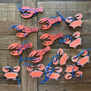 Set of Wooden Lobster (or Crawfish) and Crab Ornaments